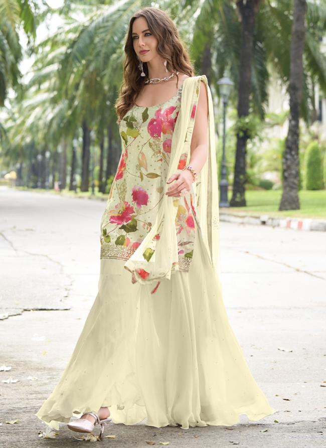 Chinnon Light Yellow Wedding Wear Printed Readymade Plazzo Suit